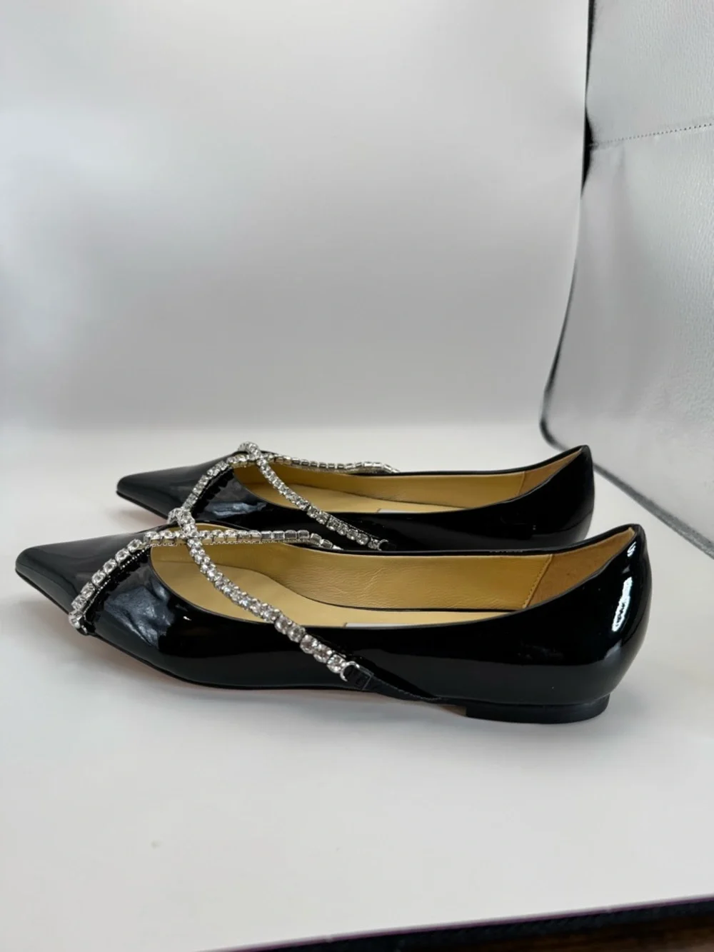 Jimmy Choo Crystal Strap Pointed Toe Flats Black Patent Leather Size 8 New - Picture 5 of 10